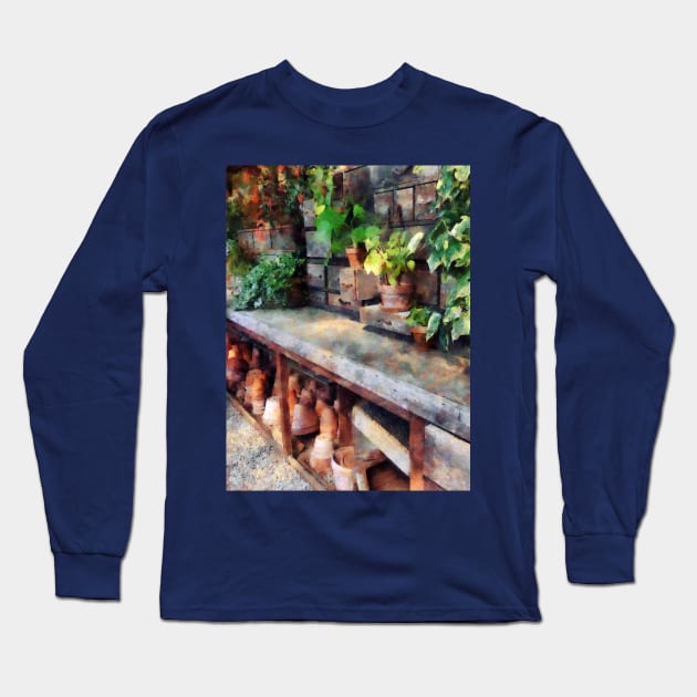 Greenhouse with Flowerpots Long Sleeve T-Shirt by SusanSavad